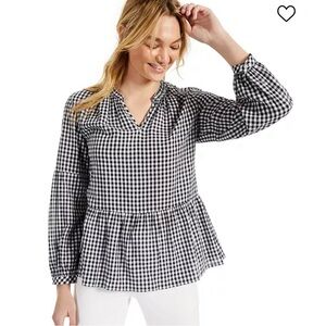 EC Tommy Hilfiger Checked Gingham Peplum peasant Blouse XL black & white boho